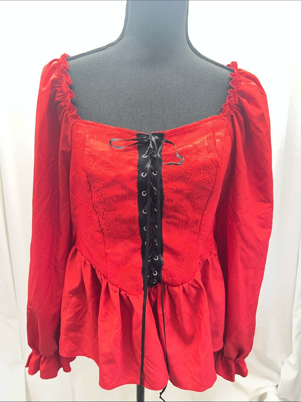 Red Lace-Up Peplum Renaissance Boho Blouse Women’s Size XL Festival Faire